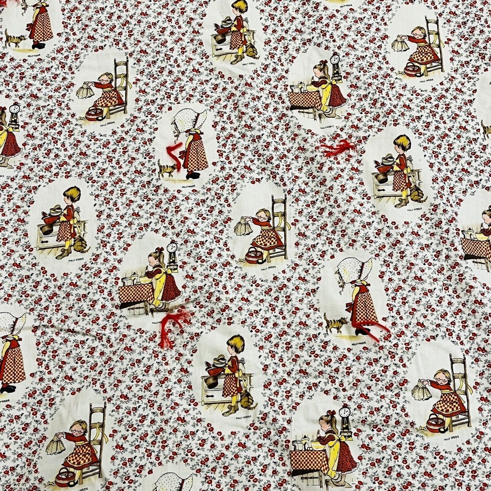 Vtg Homemade Holly Hobbie Throw Blanket Red Floral Fabric Fleece‎ Back Tie Quilt